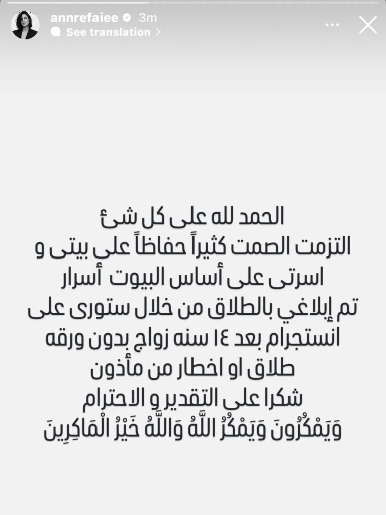 بآية-قرآنية.-آن-الرفاعي-ترد-على-بيان-طلاقها-من-كريم-محمود-عبد-العزيز