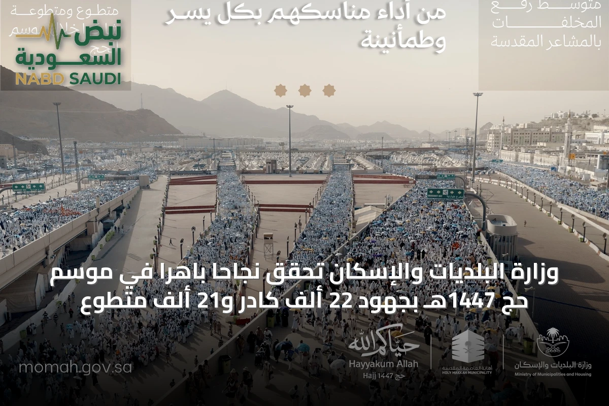 وزارة البلديات والإسكان تحقق نجاحاً باهراً في موسم حج 1447هـ بجهود 22 ألف كادر و21 ألف متطوع