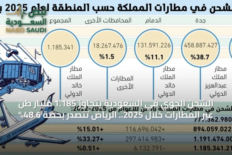 الشحن الجوي في السعودية يتجاوز 1.185 مليار طن عبر المطارات خلال 2025.. الرياض تتصدر بحصة 48.6%