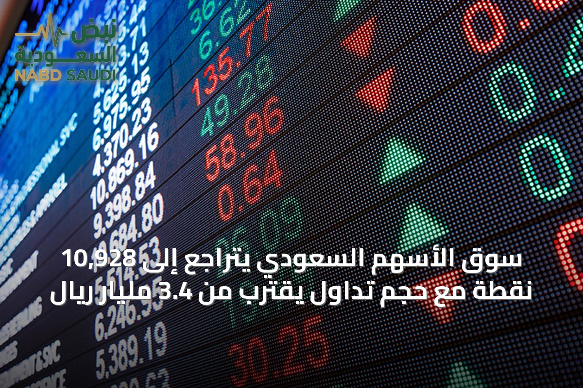 سوق الأسهم السعودي يتراجع إلى 10,928 نقطة مع حجم تداول يقترب من 3.4 مليار ريال