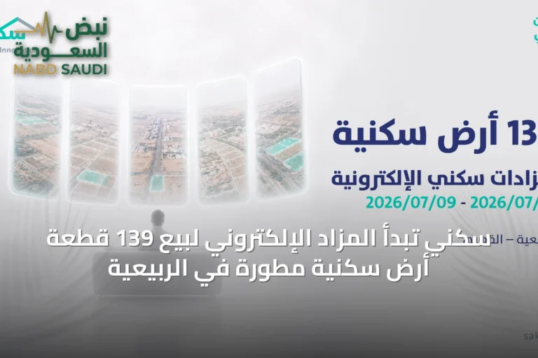 سكني تبدأ المزاد الإلكتروني لبيع 139 قطعة أرض سكنية مطورة في الربيعية