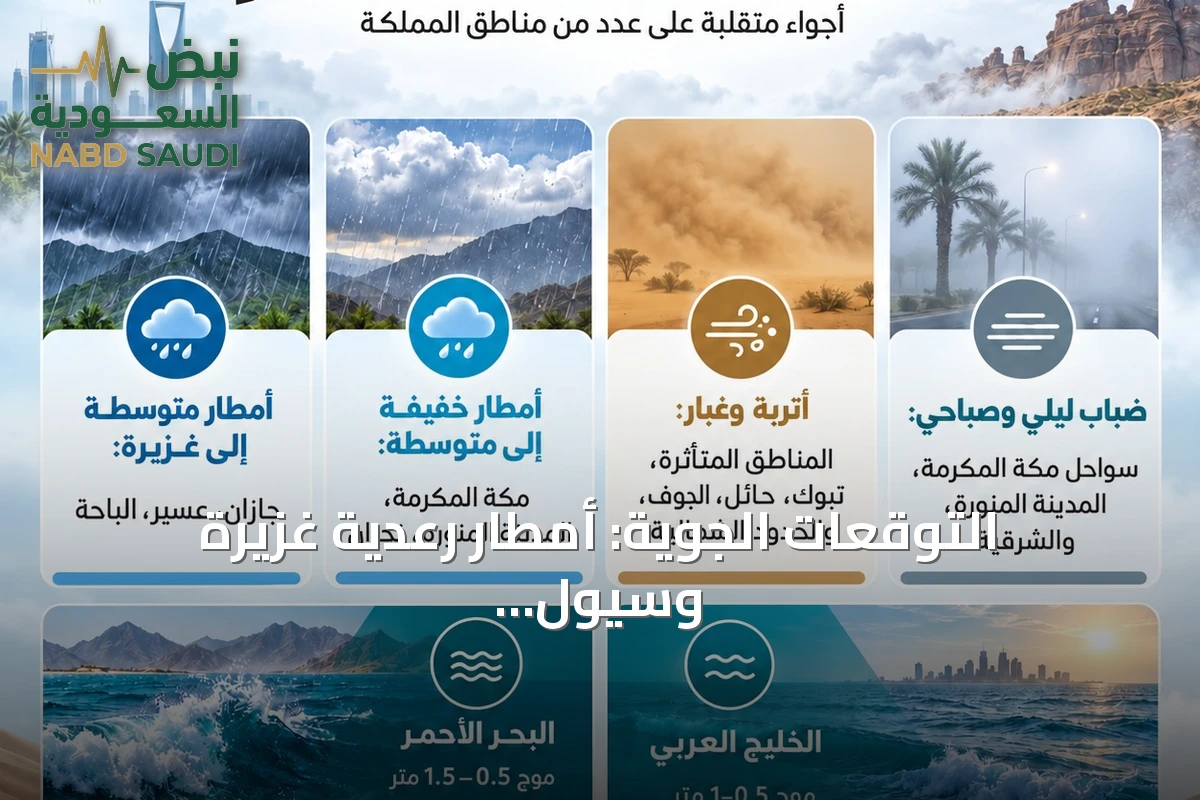 التوقعات الجوية: أمطار رعدية غزيرة وسيول متوقعة على جنوب السعودية