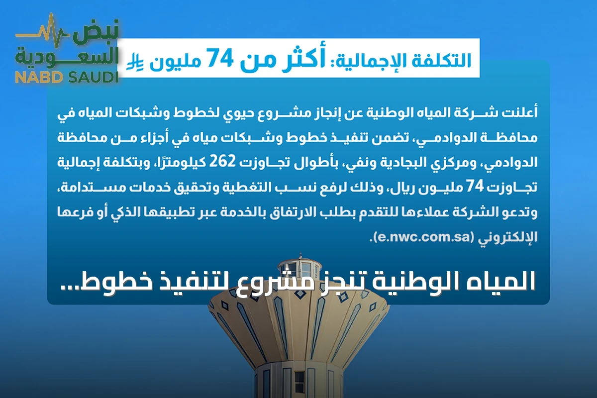 المياه الوطنية تنجز مشروع لتنفيذ خطوط وشبكات مياه في الدوادمي بتكلفة تجاوزت 74 مليون ريال