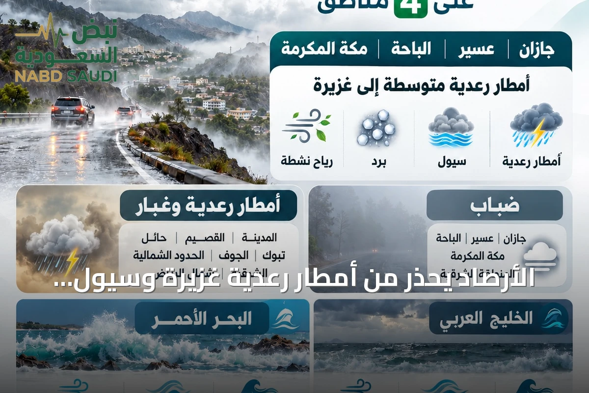 الأرصاد يحذر من أمطار رعدية غزيرة وسيول على 4 مناطق.. ورياح عاتية على البحر الأحمر